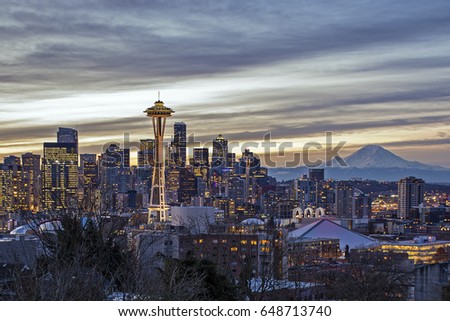 Seattle skyline and Mt. Rainier (Washington State) as seen from Kerry Park at sunrise.