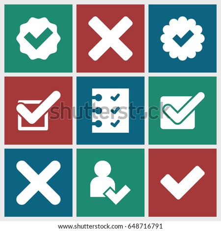 Yes icons set. set of 9 yes filled icons such as tick, checklist, cross