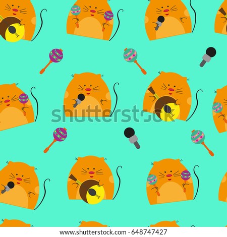 Pattern, cat musicians play instruments and sing on mint background