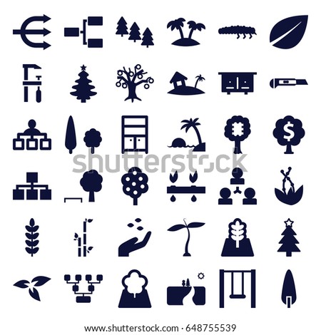 Tree icons set. set of 36 tree filled icons such as plant, beehouse, hand with seeds, leaf, bamboo, wardrobe, structure, chainsaw, cutter, caterpillar, palm, swing