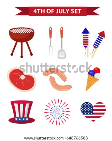 Set of patriotic icons Independence Day of America. July 4th collection of design elements, isolated on white background. National celebration, barbecue, BBQ.Vector illustration, clip art