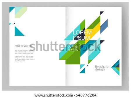 Abstract background Minimalistic Brochure / catalog. Summer colors: blue, yellow & green. Booklet, annual report cover template. modern Geometric Diagonal triangles & lines. vector-stock illustration
