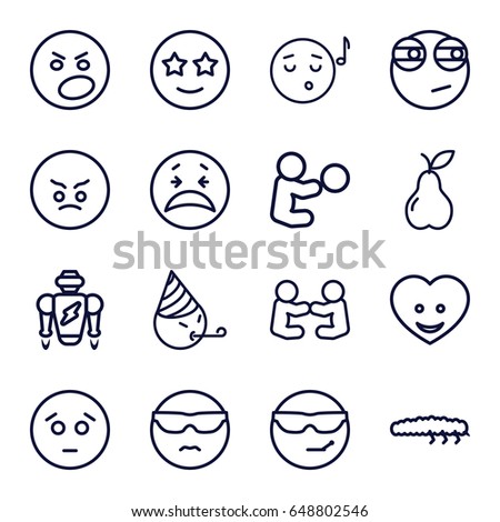 Character icons set. set of 16 character outline icons such as pear, caterpillar, heart face, sad emot, crying emot, emoji listening music, happe emoji with star eyes