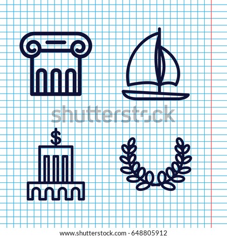 Set of 4 greek outline icons such as greek column, sailboat, olive wreath