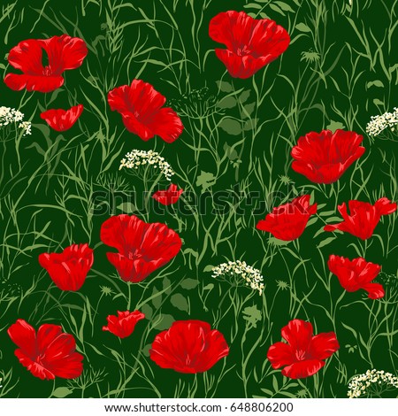  Seamless pattern of red poppy flowers on a green field.