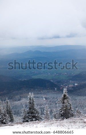 beautiful winter landscape, view on the valley and the mountains, blue, snowy Christmas tree
