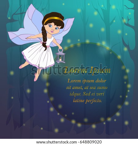Vector illustration with hand drawn cartoon little fairy in the forest of the night. Can be used for baby fashion print design, kids wear, announcements, poster, greeting and invitation card. 