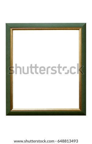 Green wooden picture frame with golden decorations isolated on white background with clipping path