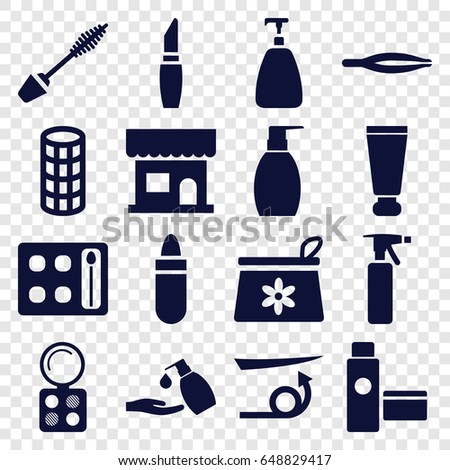 Cosmetic icons set. set of 16 cosmetic filled icons such as cream tube, beauty salon, spray bottle, tweezers, straight hair, lipstick, soap, make up bag, mascara