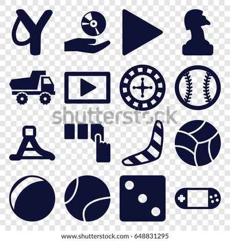 Play icons set. set of 16 play filled icons such as toy car, boomerang, roulette, dice, push button, portable console, play, cd on hand, waterslide, baseball, tennis ball