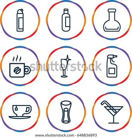 Beverage icons set. set of 9 beverage outline icons such as bottle, cocktail, cleanser, clean wine glass, tea cup, milk glass