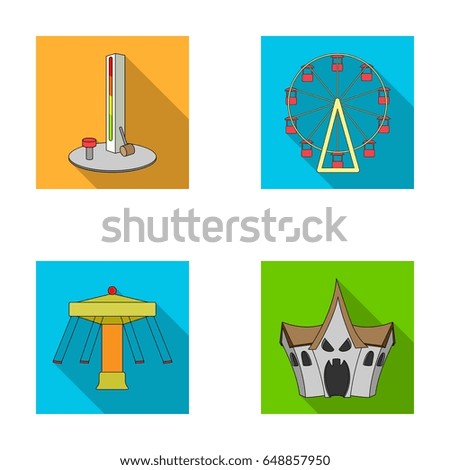The device with a bat for measuring strength, a ferris wheel, a carousel, a house with windows. Amusement park set collection icons in flat style vector symbol stock illustration web.