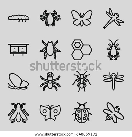 Insect icons set. set of 16 insect outline icons such as dragonfly, beetle, butterfly, ant, fly, beehouse, honey, bee, ladybug