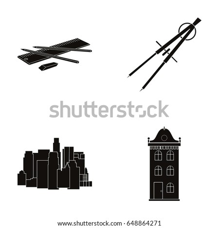 Drawing accessories, metropolis, house model. Architecture set collection icons in black style vector symbol stock illustration web.