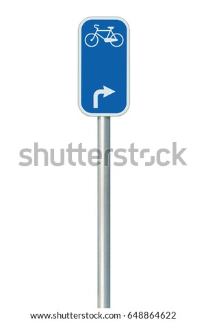 Bicycle route number road sign, large detailed isolated vertical closeup, European Eurovelo cycle bike lane network cycling concept white right direction arrow blue metal marker, signpost pole post