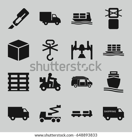 Shipping icons set. set of 16 shipping filled icons such as truck with luggage, cutter, crane, van, cargo box, cargo only in box allowed, delivery car, truck, shipping truck