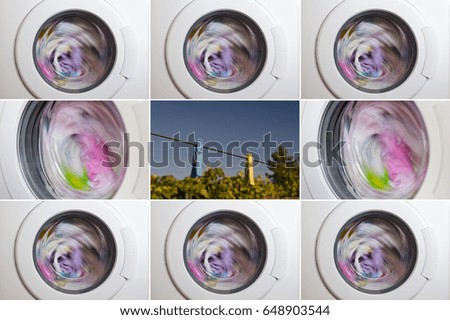 Collage of washing machine door with rotating garments inside