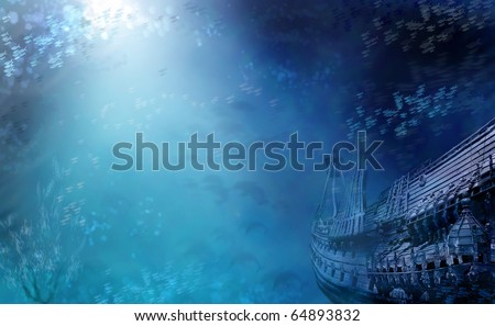 Aquatic Marine Seascape with shipwreck and fish in deep blue water. Shipwreck photo is of the Vasa from Stockholm. Royalty-Free Stock Photo #64893832