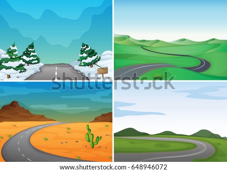 Four scenes with empty roads illustration