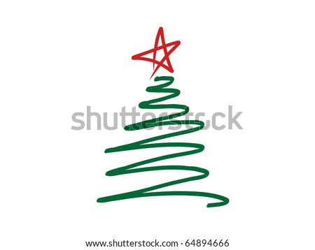 A stylized, scribbled green Christmas tree with a red star on top - VECTOR