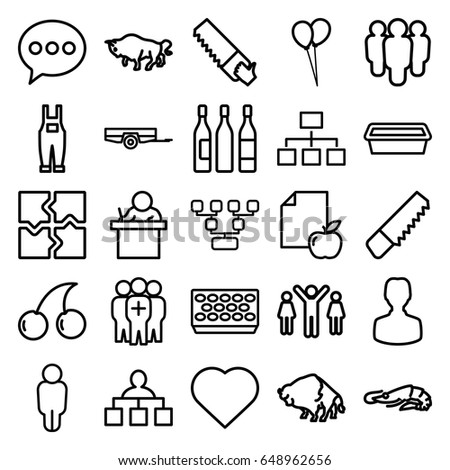 Group icons set. set of 25 group outline icons such as alligator, buffalo, barrow, hearts, cherry, balloon, structure, puzzle, saw, pot for plants, gardener jumpsuit