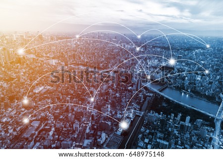 double exposure city scape and network connection and trading graph . Concept for new global business. Blockchain connect Royalty-Free Stock Photo #648975148