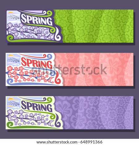 Vector set horizontal banners for spring season: flock of birds flying in sunrise sky, lilac floral background, mock up springtime header with title text - spring, branch tree with lavender flowers.
