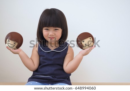 Happy asian child girl playing - Photo and 3d rendering of sphere toy combined