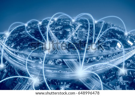 Network and Connection technology concept with city background Royalty-Free Stock Photo #648996478