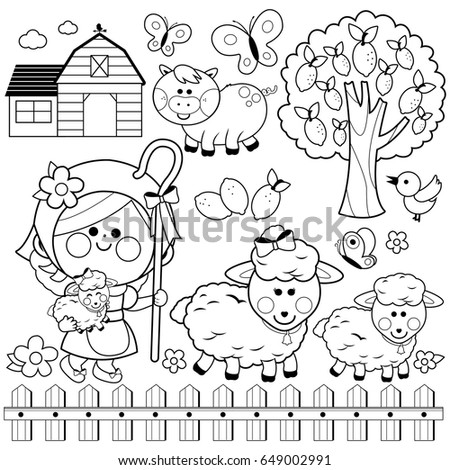 Shepherdess girl, sheep and farm animals. Vector black and white coloring page.