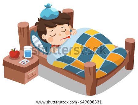 Sick cute boy sleep in bed with a thermometer in mouth and feel so bad with fever. Royalty-Free Stock Photo #649008331