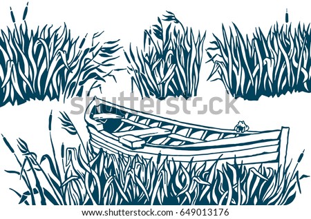 Hand drawn vector illustration of reed and old boat. Set of green isolated elements on white background