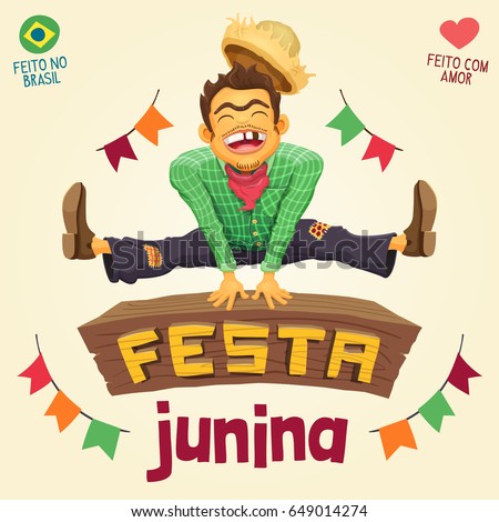 Festa Junina (Brazilian June Party) - Happy peasant jumping over sign / Made in Brazil - Made with love - Detailed vector cartoon for june party themes. Royalty-Free Stock Photo #649014274