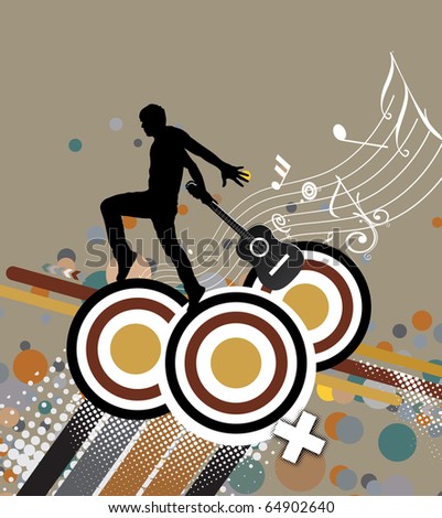 silhouetted a young man enjoy music in floral wave background, vector illustration.