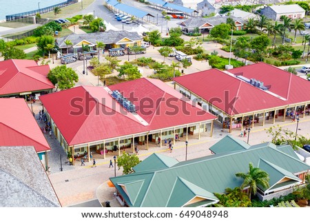 Falmouth port in Jamaica island, the Caribbeans. With old houses and duty free zone. From above, picture from cruise ship liner.