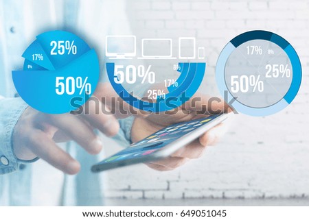View of Blue survey graph interface with business theme going out a smartphone - Technology concept