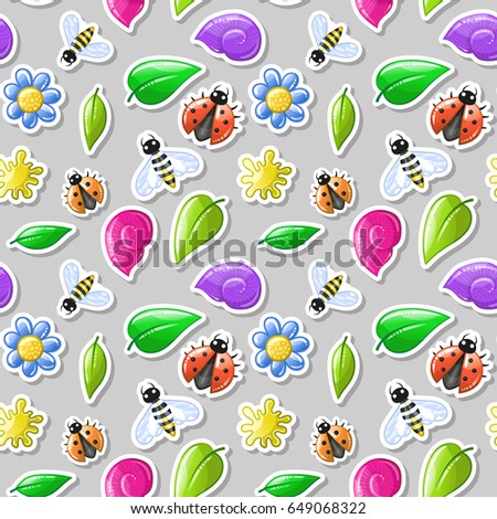 Ladybug and bee stikers - summer seamless pattern. Nature kids background