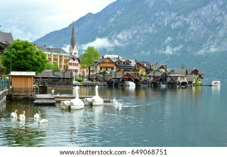 Spring In the morning at Hallstatt  Salzkammergut   Austria.
Land of the mountains, land on the river (German is Land der Berge, Land am Strome)