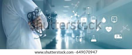 
Doctor with stethoscope and white icon medical on hospital background, medical technology network concept