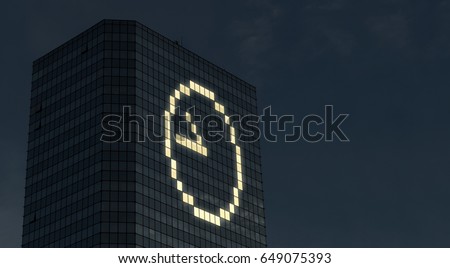Time management and planning concept. Late at work. Working overtime and extra hours. Still at job after sunset at night. Clock and time icon made by office building window lights at night.