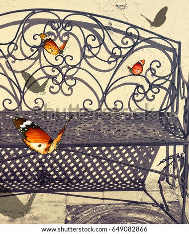 
Magic bench. Old metal lonely bench on sunlight, attracting beautiful butterflies flying. Shadow and light. Fantasy world surreal image. 