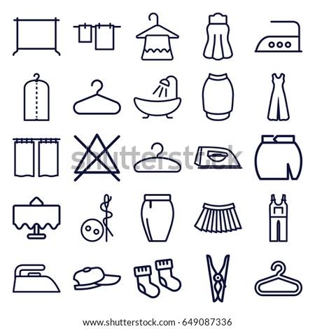 Cloth icons set. set of 25 cloth outline icons such as restaurant table, baby socks, hanger, needle button, shower, cloth pin, iron, no bleaching, jumpsuit, skirt, curtain
