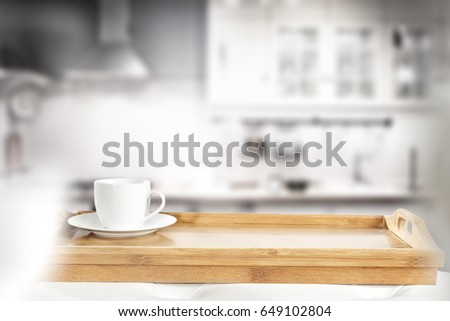 White background of free space for your decoration and blurred kitchen furniture 