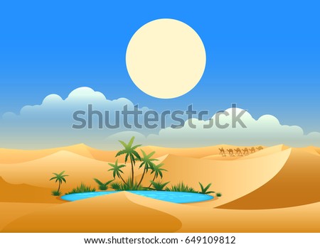 Desert oasis background. Egypt hot dunes with palm trees, bedouin and camels vector illustration Royalty-Free Stock Photo #649109812