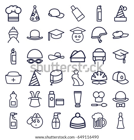 Cap icons set. set of 36 cap outline icons such as cream tube, hat, bottle soap, cleanser, winter hat, helmet, beer mug, graduate emoji, soldier emot