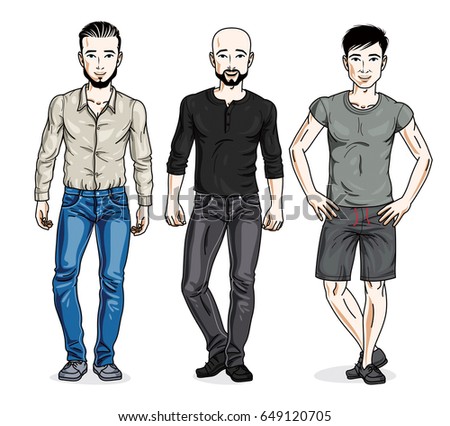 Happy men posing wearing casual clothes. Vector people illustrations set.