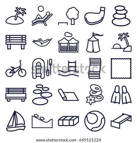 Relaxation icons set. set of 25 relaxation outline icons such as garden bench, spa stones, woman in hammock, spa stone, carpet, bench, pergola, flippers, man laying in the sun