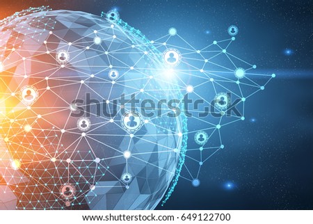 Close up of the Earth in the dark blue sky and a network sketch on top of it. Concept of globalisation. Toned image double exposure