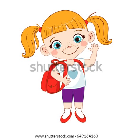 Cute school girl with a backpack. Vector illustration