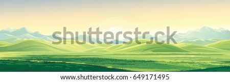Mountain landscape with a dawn, an elongated format for the convenience of using it as a background. Royalty-Free Stock Photo #649171495